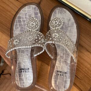 Stuart Weitzman Size 8 Clear T-Strap Silver Rhinestone Jelly Flip Flop Sandals